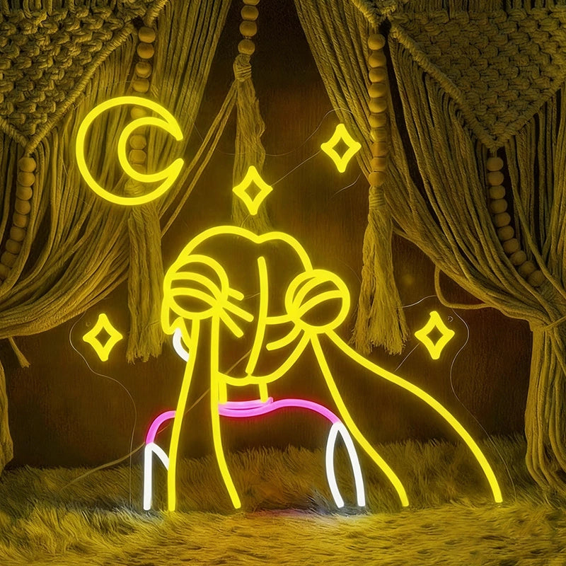 Neon sign of sailor moon with decorative elements against a textured wall.