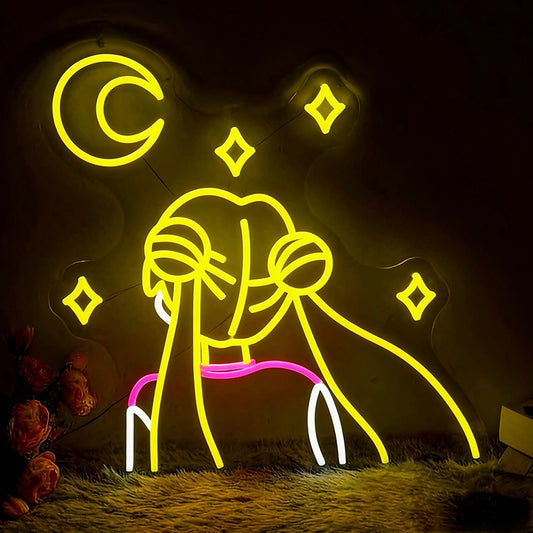 Neon sign of sailor moon with a hot pink shoulder on a dark background