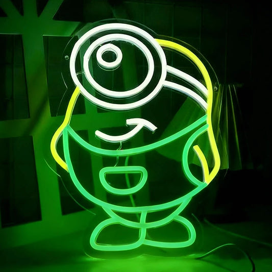 Neon light shaped like a cartoon character spongebob on a dark background
