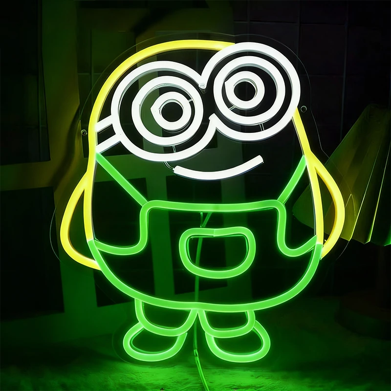 Neon light shaped like a cartoon character spongebob with green, white and lomon yellow colors.