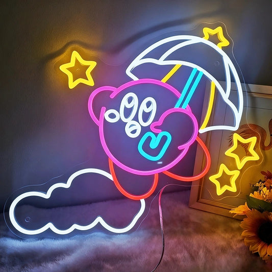 A colorful Kirby Waddle Dee neon light next to sunflowers on a dark background.