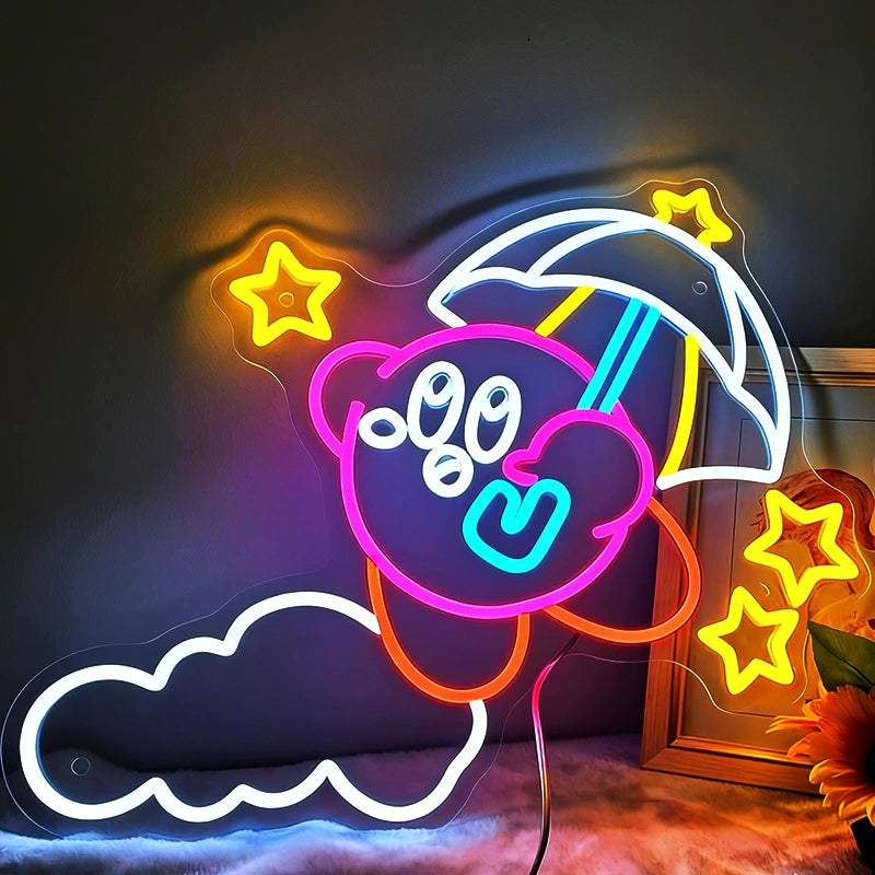 A Kirby Waddle Dee neon light with next to sunflowers on a dark background.
