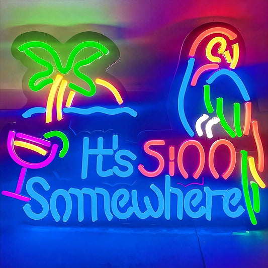 Neon sign with palm tree, parrot, cocktail glass, and 'It's 5 o'clock somewhere' text.