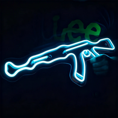 Neon outline of a gun on a dark background.