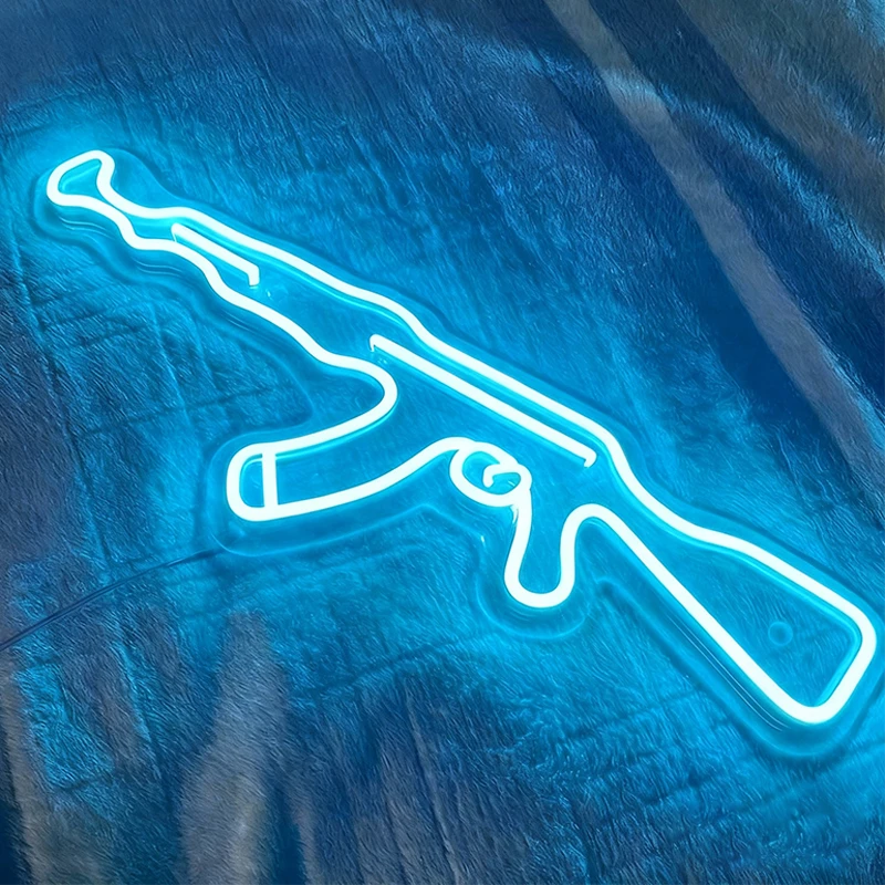 Neon ice blue outline of a AK 47 on a textured background