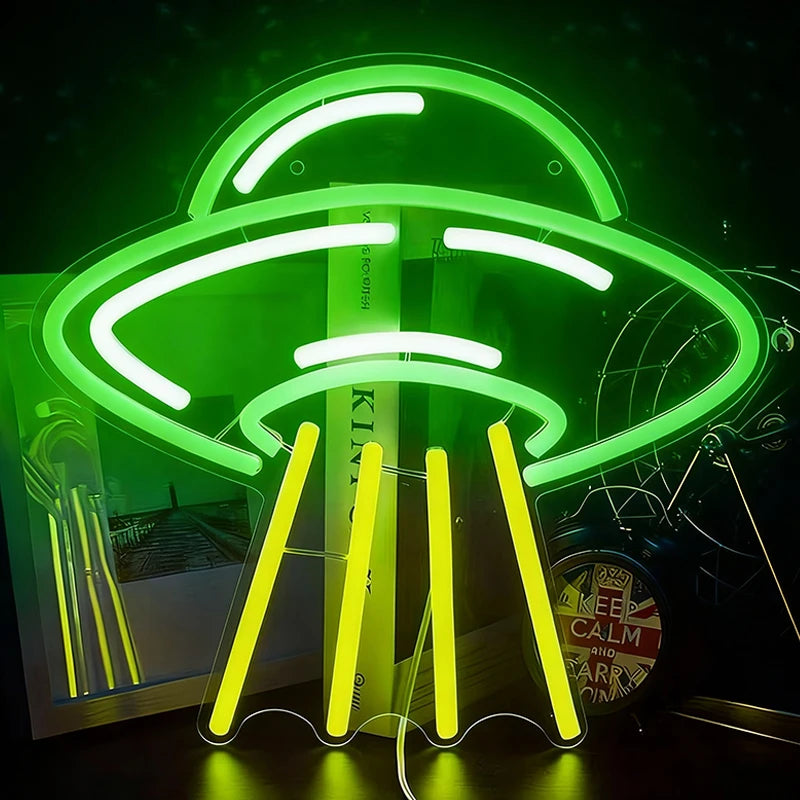 Neon sign of a UFO on a dark background