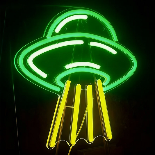 Neon ufo sign design on a dark background