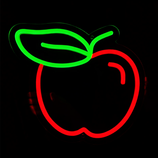 Neon sign of a red apple with a green leaf on a black background