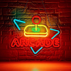A colorful neon 'Arcade' sign hanging in front of a brick wall.