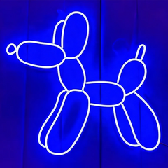 Neon blue light sculpture of a balloon dog on a dark background