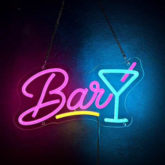 Neon sign with 'Bar' and a cocktail glass design on a dark background