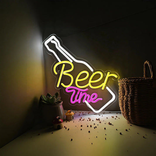 Neon sign with 'Beer Time' and a bottle shape on a dark background