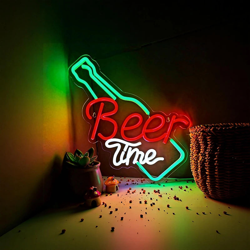 Neon sign with 'Beer Time' in a cozy setting with a plant and basket.