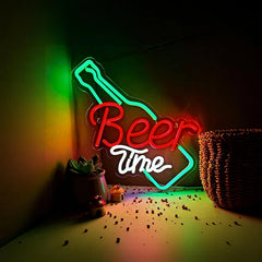 Neon sign with 'Beer Time' in a cozy setting with a plant and basket.