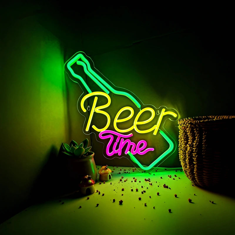 Colorful neon sign with 'Beer Time' text on a dark background