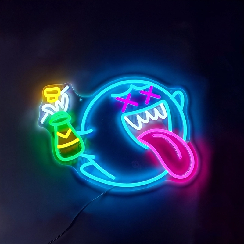 Neon sign with a cartoonish design of a bottle and open mouth on a dark background