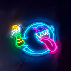 Neon sign with a cartoonish design of a bottle and open mouth on a dark background