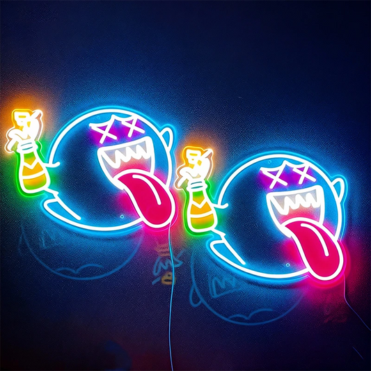 Neon signs of cartoon characters with colorful designs on a dark background