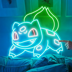 Neon light shaped like a bulbasaur on a wall with a person pointing at it.