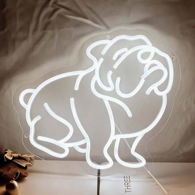 Neon white light shape like a bulldog in a dark background