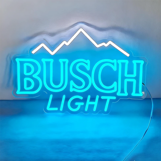 Glowing neon sign with 'Busch Light' logo on a reflective surface