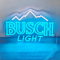 Glowing neon sign with 'Busch Light' logo on a reflective surface