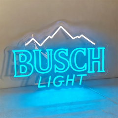 Neon sign with 'BUSCH LIGHT' text on a reflective surface