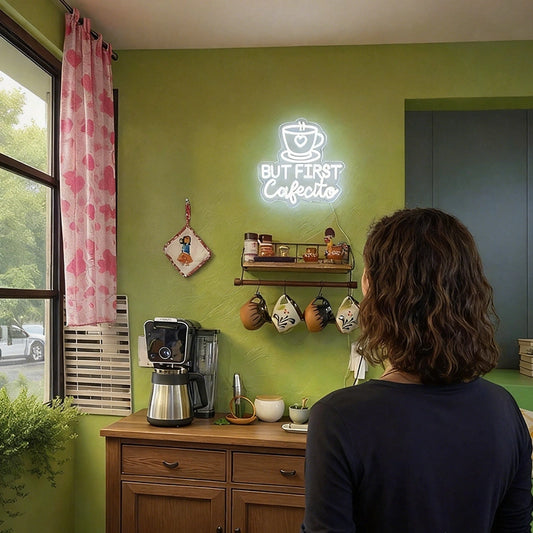 A woman with shoulder-length brown hair stands with her back to the camera in a cozy kitchen setting, looking at a glowing white neon sign that reads 'BUT FIRST Cafético' mounted on a lime green wall above a wooden counter with a coffee maker and mugs.