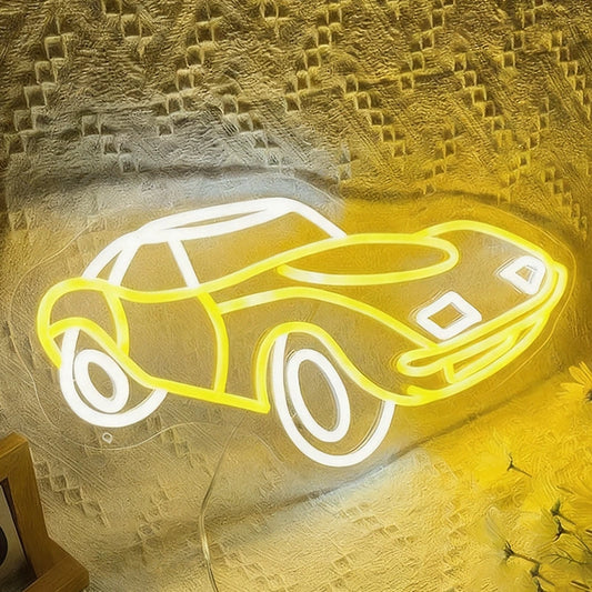 Neon with lemon yellow and white light shaped like a car on a textured wall with decorative elements.