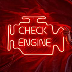 Red neon sign shaped like a car engine with 'Check Engine' text on a fabric background.