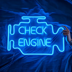 Blue neon sign shaped like a car engine with 'Check Engine' text on a fabric background.
