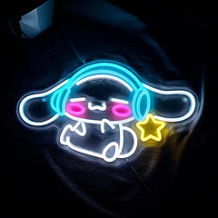 Neon sign of a white cinnamoroll with ice blue headphone and lemon yellow star, on a dark background