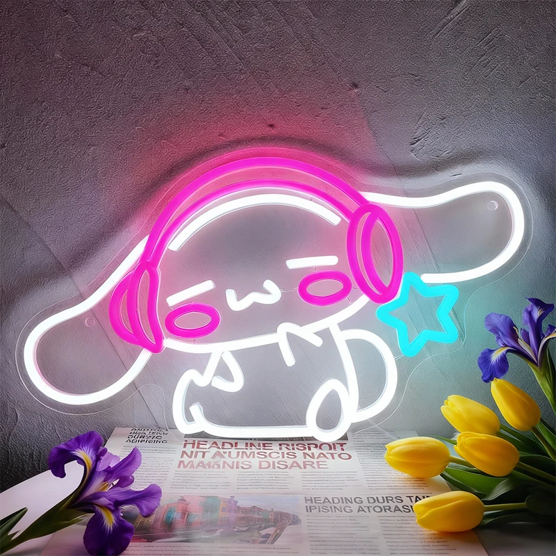 Neon sign of a cinnamoroll with flowers on a textured surface