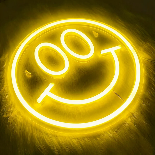 Neon classic smile face sign on a dark background