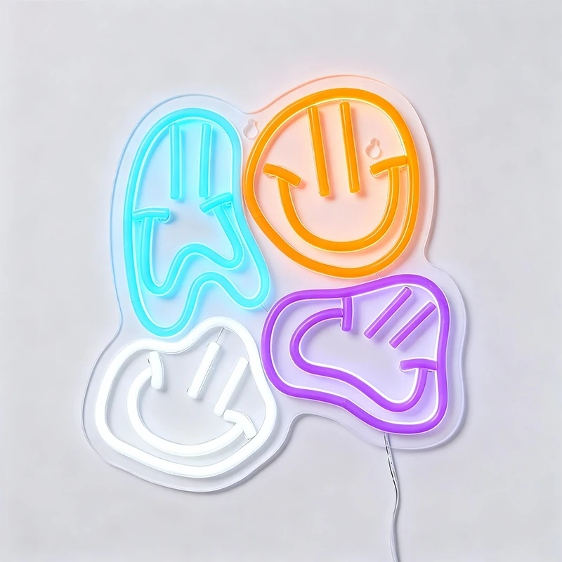Neon sign with distorted smiley faces design on a light gray background