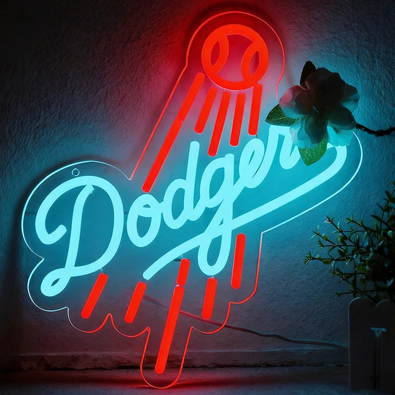 Neon sign with 'Dodger' logo on a dark background