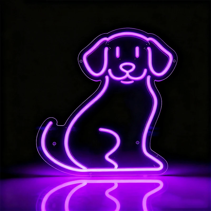 Neon purple outline of a dog on a black background