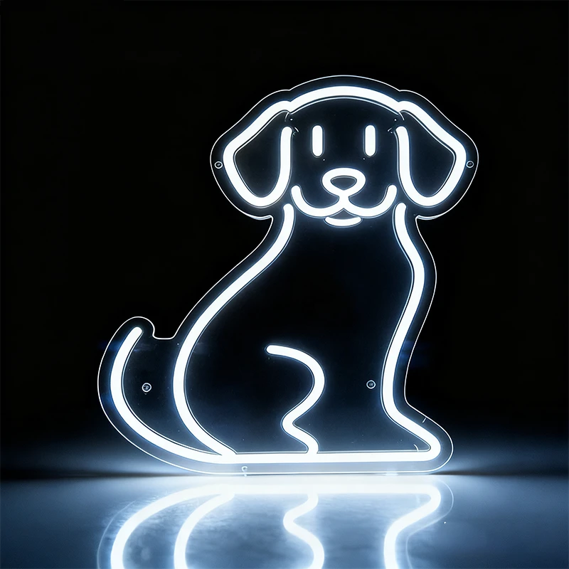 Neon white outline of a dog on a black background