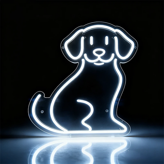 Neon white outline of a dog on a black background
