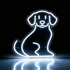 Neon white outline of a dog on a black background