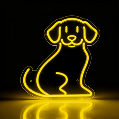 Neon yellow outline of a dog on a black background