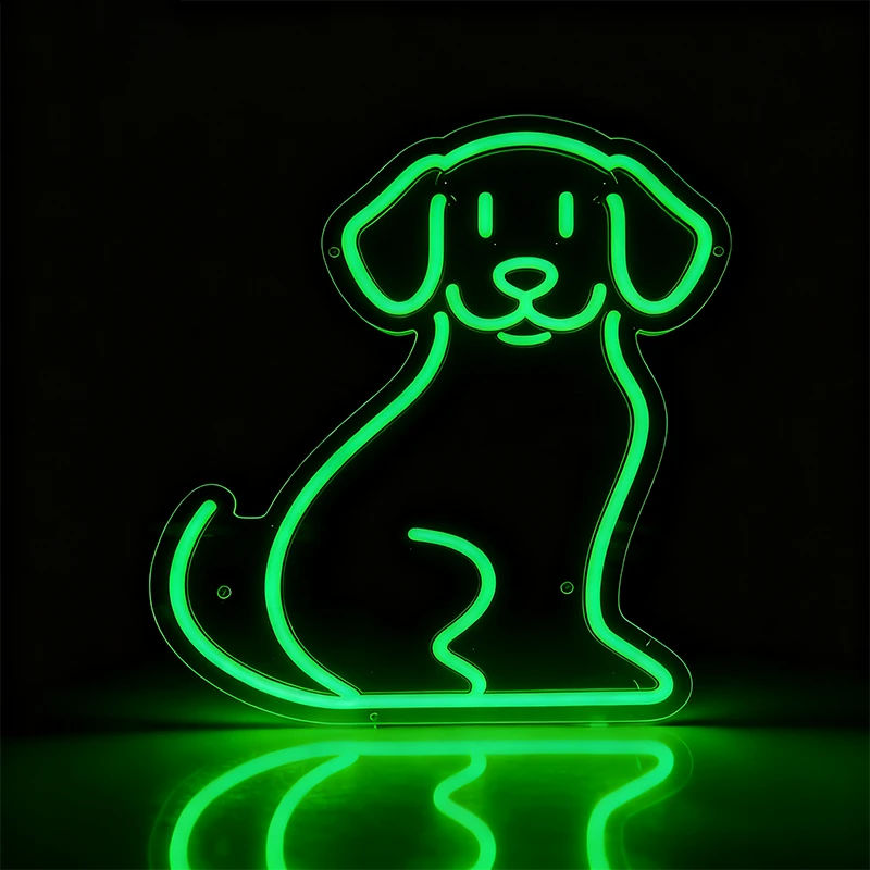 Neon green outline of a dog on a black background