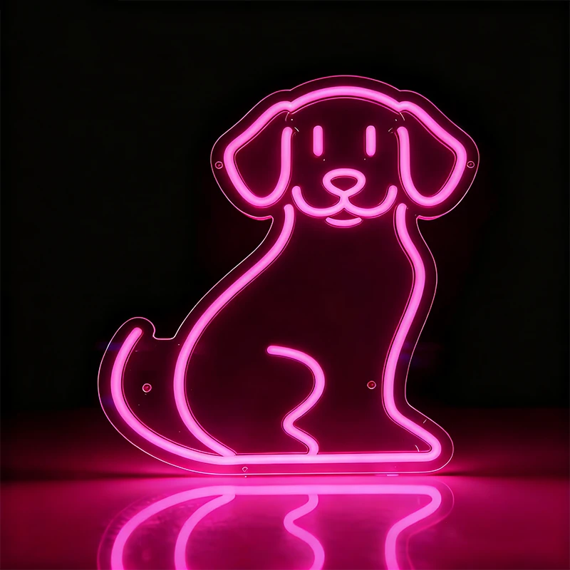 Neon pink dog-shaped light on a black background