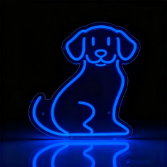 Neon blue outline of a dog on a black background