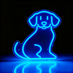 Neon ice blue outline of a dog on a black background