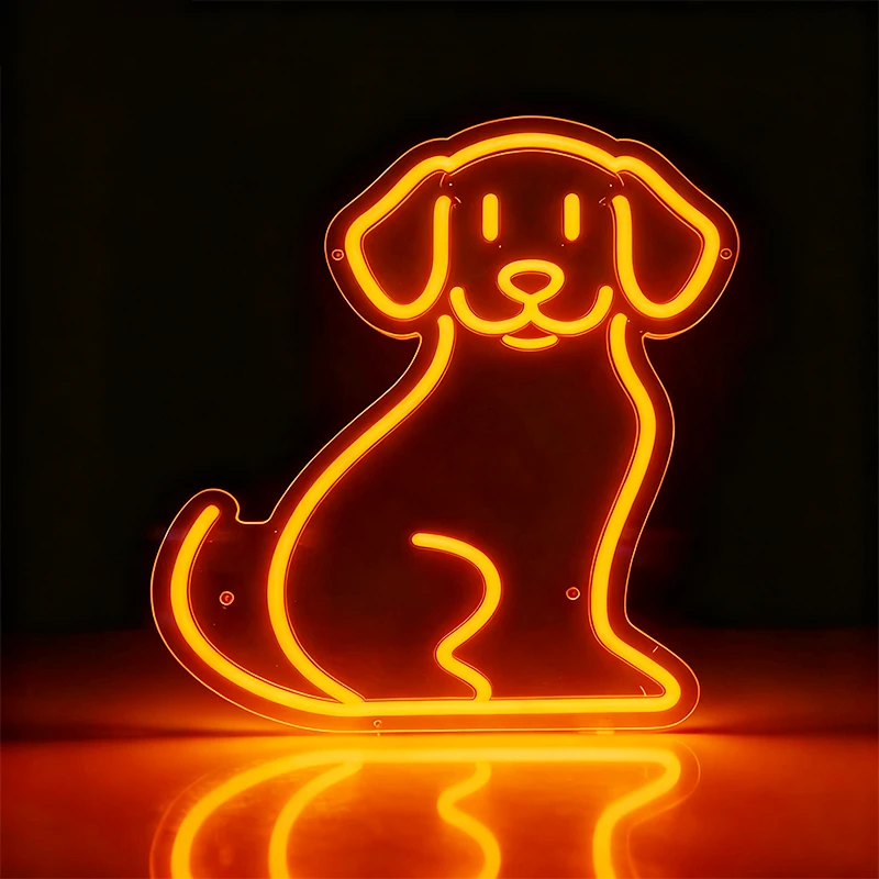 Neon orange outline of a dog on a black background