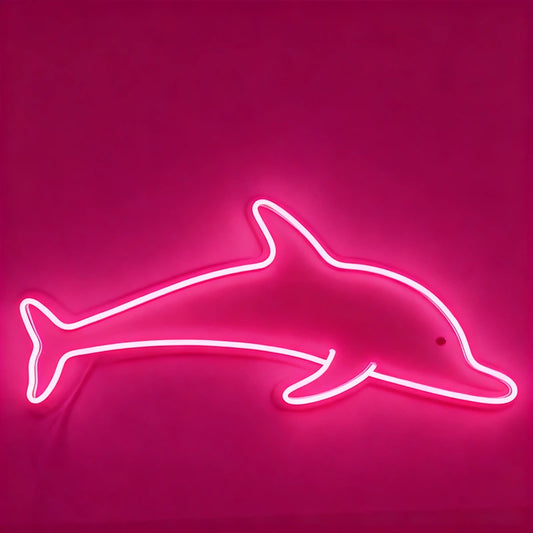 Neon pink dolphin shape on a pink background