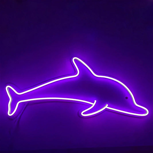 Neon dolphin shape on a dark purple background