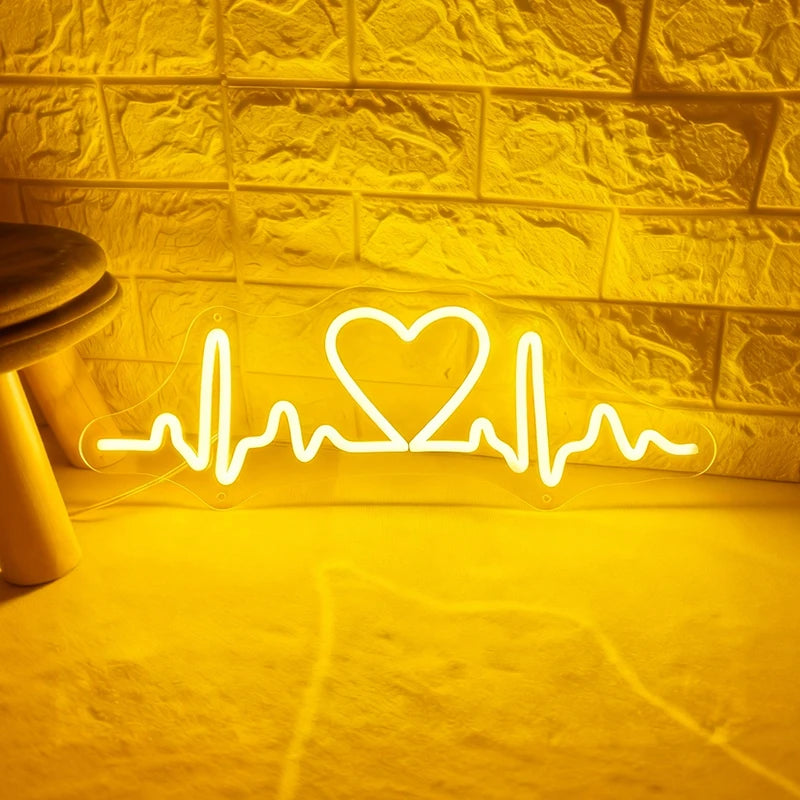 Neon with lemon yellow light shaped like a heart with an ECG line on a textured wall.