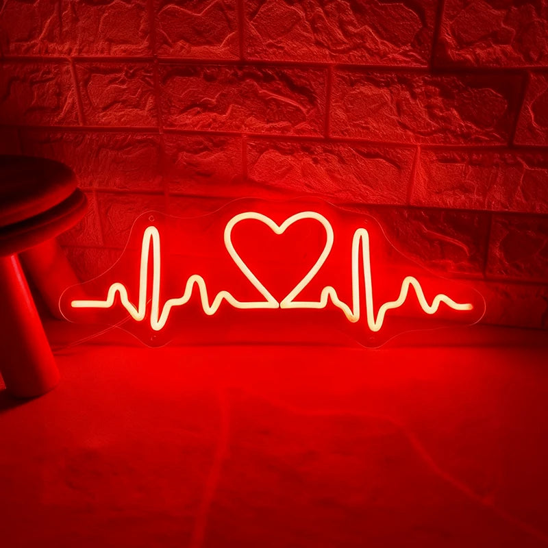 Neon with red light shaped like a heart with an ECG line on a textured wall.